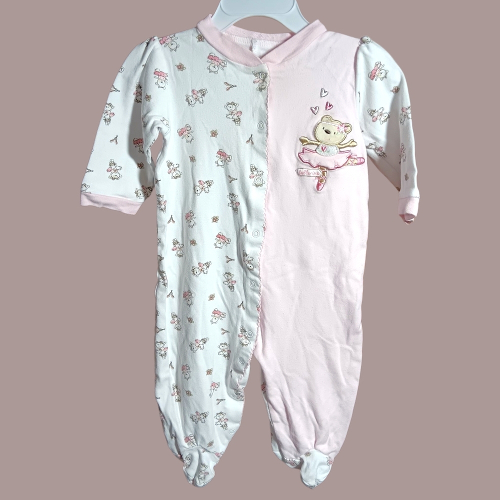 Babyworks Bear Ballerina Pink & White Baby Footed Pajamas Size 6-9 Months